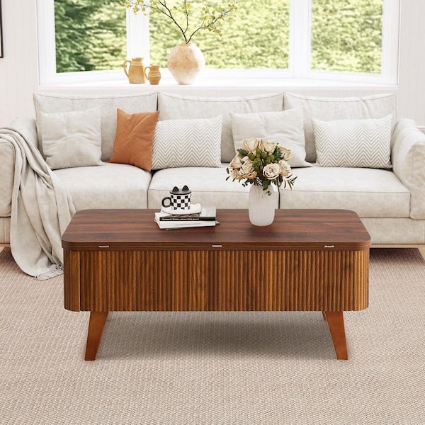 ATHMILE 42. 91 in. L Walnut Oval MDF Coffee Table With Built-in