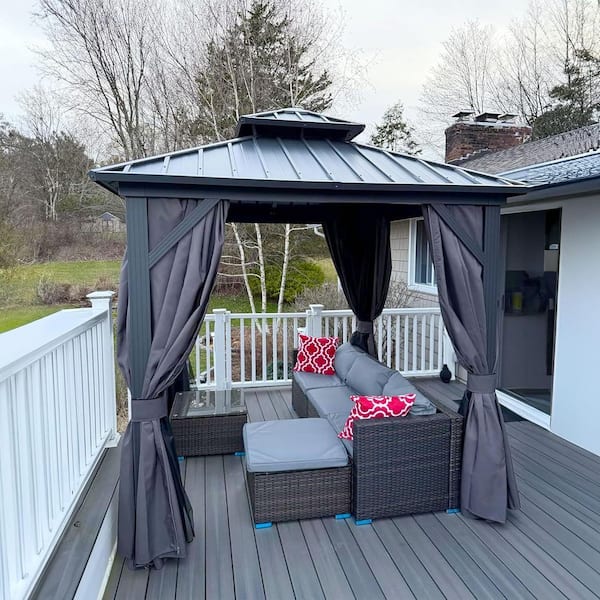 8 ft. x 8 ft. Gray Aluminum Hardtop Gazebo Canopy with Netting and Curtains