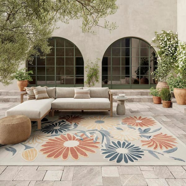 Aloha Ivory Rose 9 ft. x 12 ft. Botanical Contemporary Area Rug