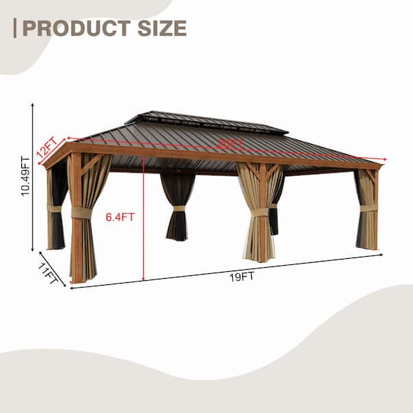 12 ft. x 20 ft. Aluminum Wood-Grain Frame Hardtop Gazebo Double Iron Roof Gazebo with Mesh and Curtains