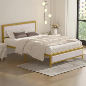 Metal Bed Frame Full Beige with Linen Upholstered Headboard, Platform Bed with 12.6 in. Under Bed Storage and Nailhead