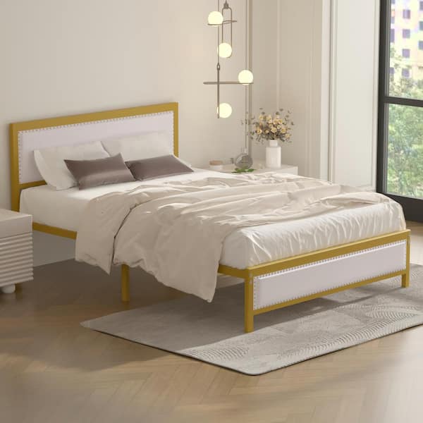 VECELO Metal Bed Frame Full Beige with Linen Upholstered Headboard, Platform Bed with 12.6 in. Under Bed Storage and Nailhead