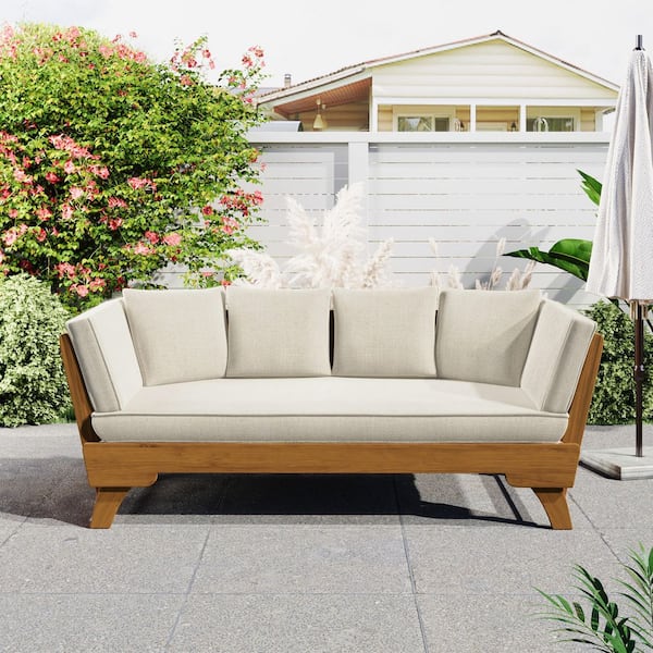 3-Seat Wood Outdoor Day Bed Sofa with Beige Cushions and Foldable Arm