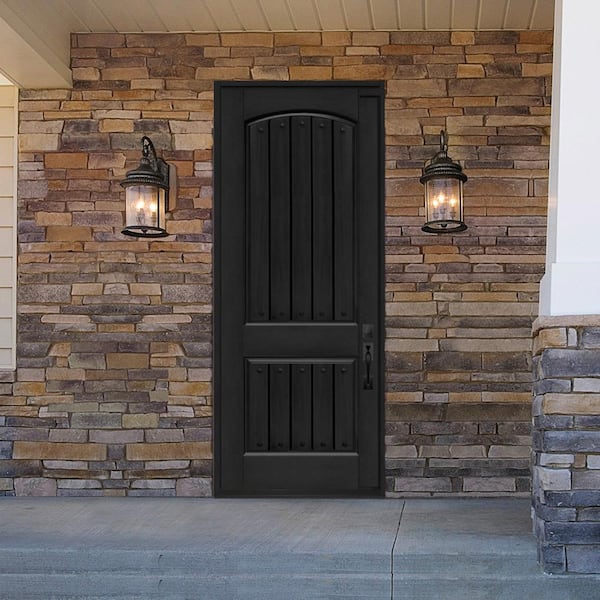 Regency 36 in. x 96 in. 2-Panel Plank RHIS Onyx Stain Fiberglass Prehung Front Door with Clavos