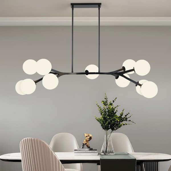 KAISITE 54 in. 11-Light Black Shaded Pendant Light with Globe Glass Shade Mid Century Kitchen Island Chandelier Light Fixture