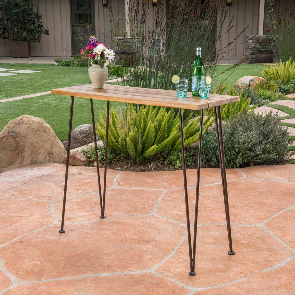 Teak and Metal Industrial Outdoor Bar Table