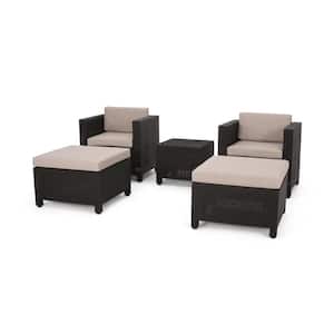 Waverly Dark Brown 5-Piece Faux Wicker Patio Conversation Seating Set with Beige Cushion