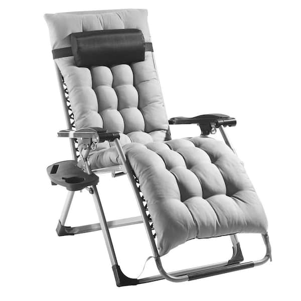 26 in. W Metal zero Gravity Chairs Outdoor Indoor Patio Folding Chaise Lounge with Gray Cushion