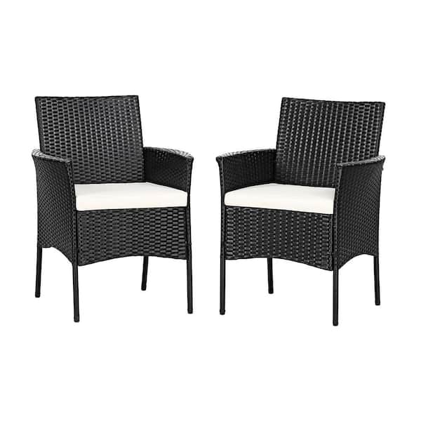 SUNRINX Black Wicker Dining Chairs with White Cushions (2-Pack)