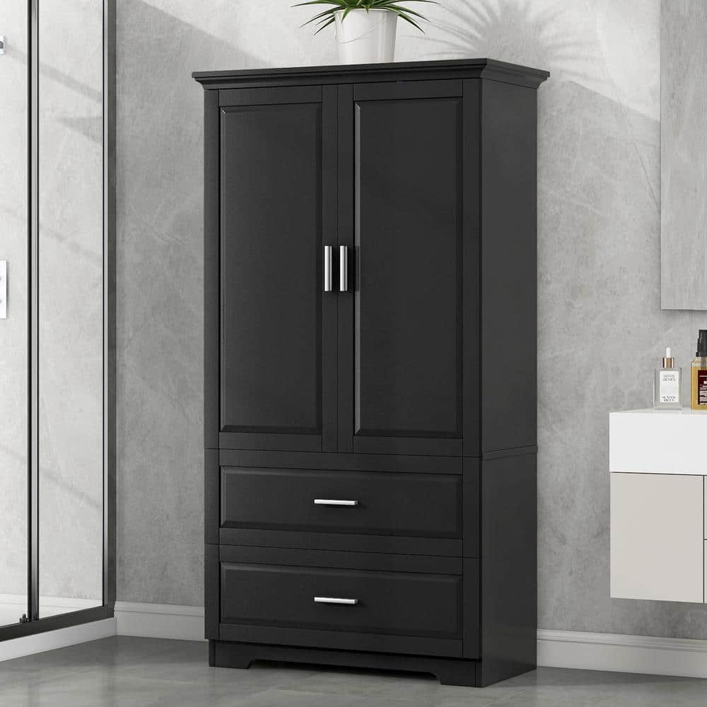 URTR 63.2 in. H Black Wide Storage Cabinet with Adjustable Shelves Bathroom Cabinet Wooden Floor ...