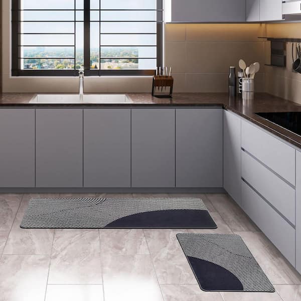 Set of 2 Geometric Gray 20 in. W x 32 in. L and 20 in. W x 48 in. L Polyester Low Profile Indoor Kitchen Mat