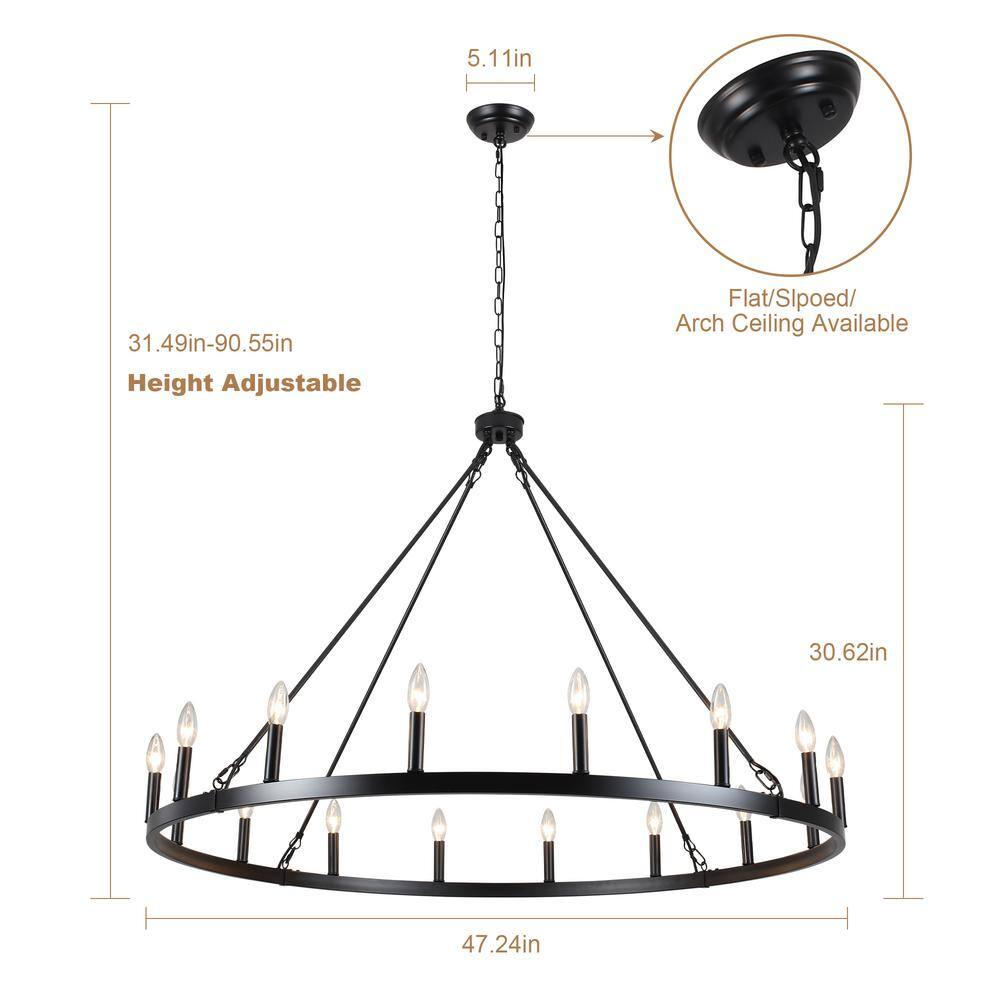 Matte Black 47-Inch Metal Candle Wagon Wheel Chandelier