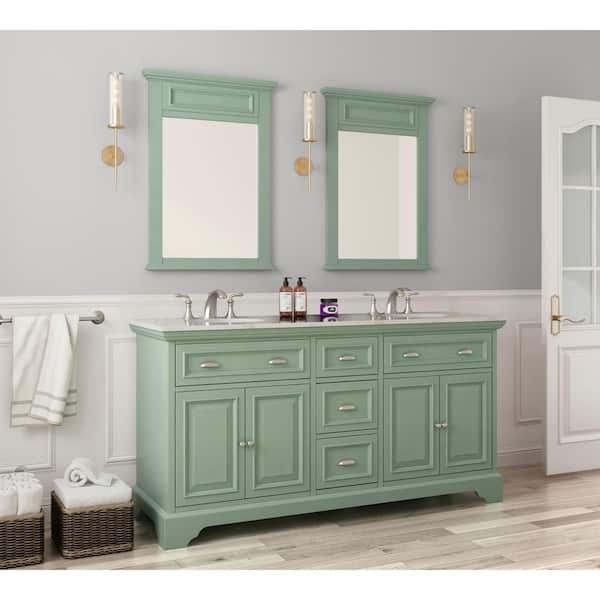 Home Decorators Collection Sadie 67 in. W x 22 in. D x 35 in. H Double Sink Freestanding Vanity in Light Cyan w/ Lightly Veined White Marble Top
