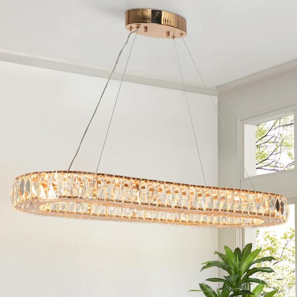 LNC Brusmogan 1-Light dimmable Integrated LED Plating Rose Gold Rectangle Chandelier with Crystals