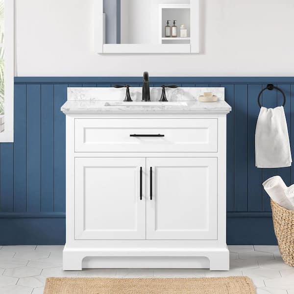 Doveton 36 in. Single Sink Freestanding White Bath Vanity with White Engineered Marble Top (Assembled)