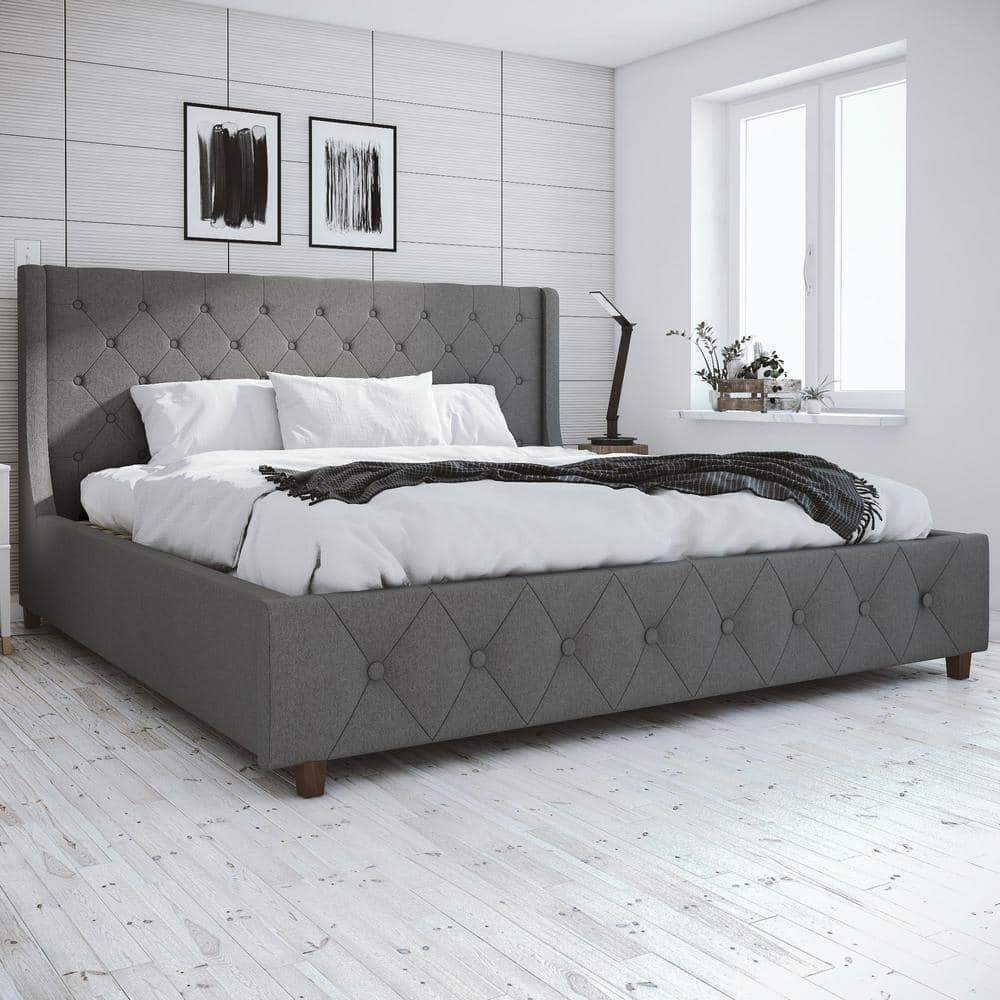 King Gray Linen Tufted Upholstered Bed with Metal Frame