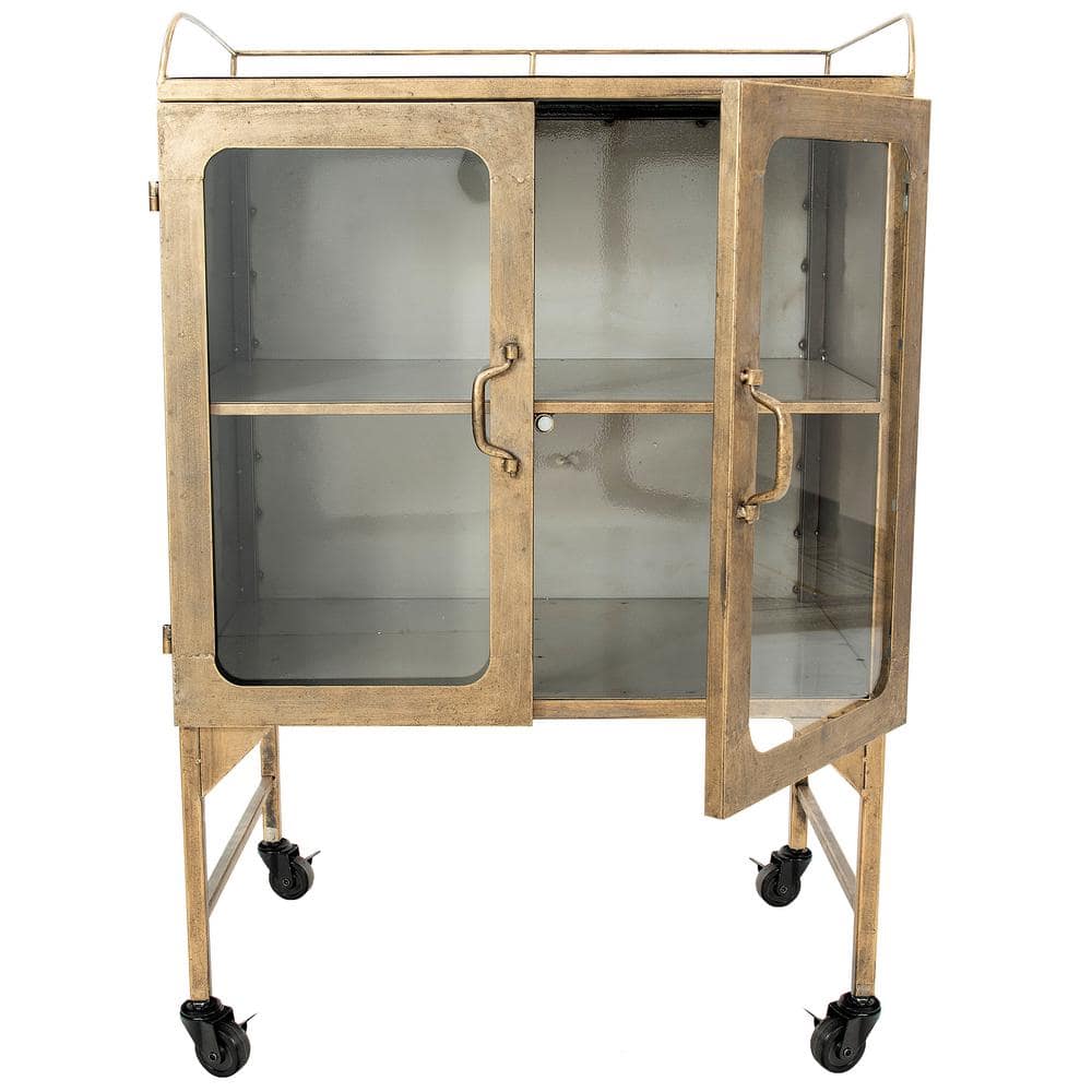 Antique Brass Metal Bathroom Cabinet with Glass Doors and Locking Wheels