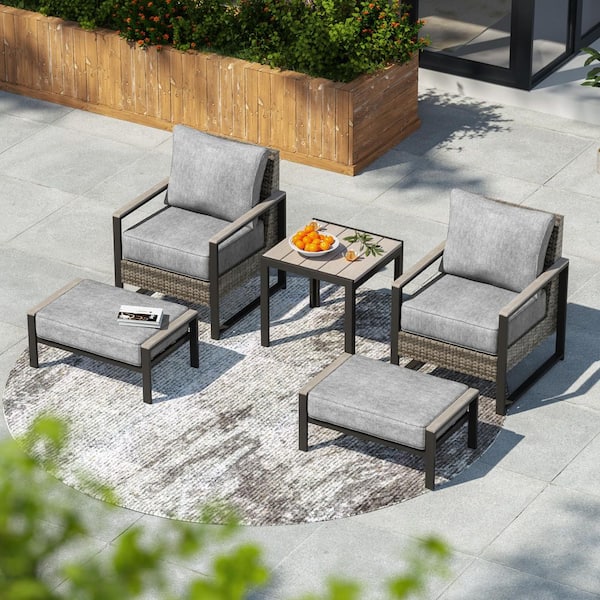 5_Pieces Patio Conversation Set with Side Table and Ottomans All Weather Gray PE Wicker Chair with Linen Grey Cushion