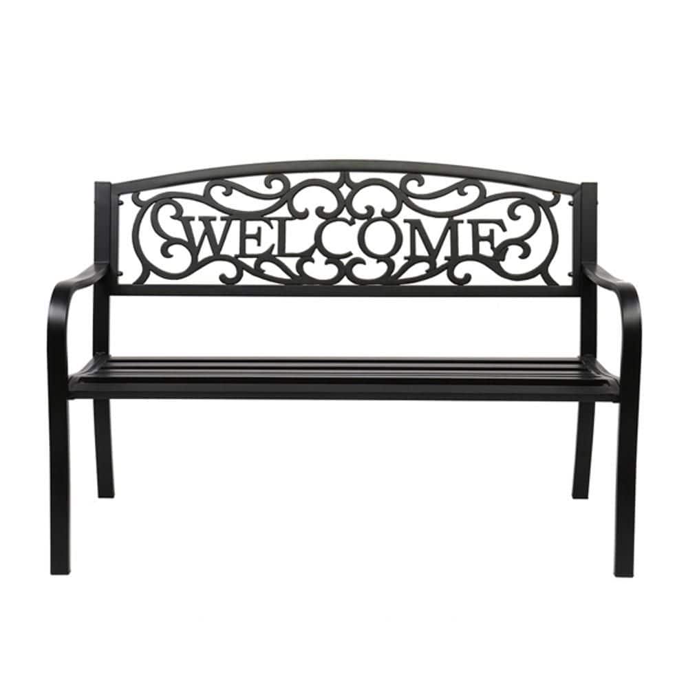 50 in. Outdoor Welcome Backrest Iron Bench, Powder-Coat Iron Construction, Curved Armrests with Sloped Slatted Seat price history on PriceWatchPro