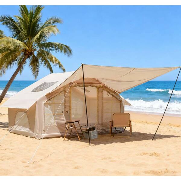 LuckByte 9.83 ft. x 6.83 ft. Beige Camping Tent with Clear