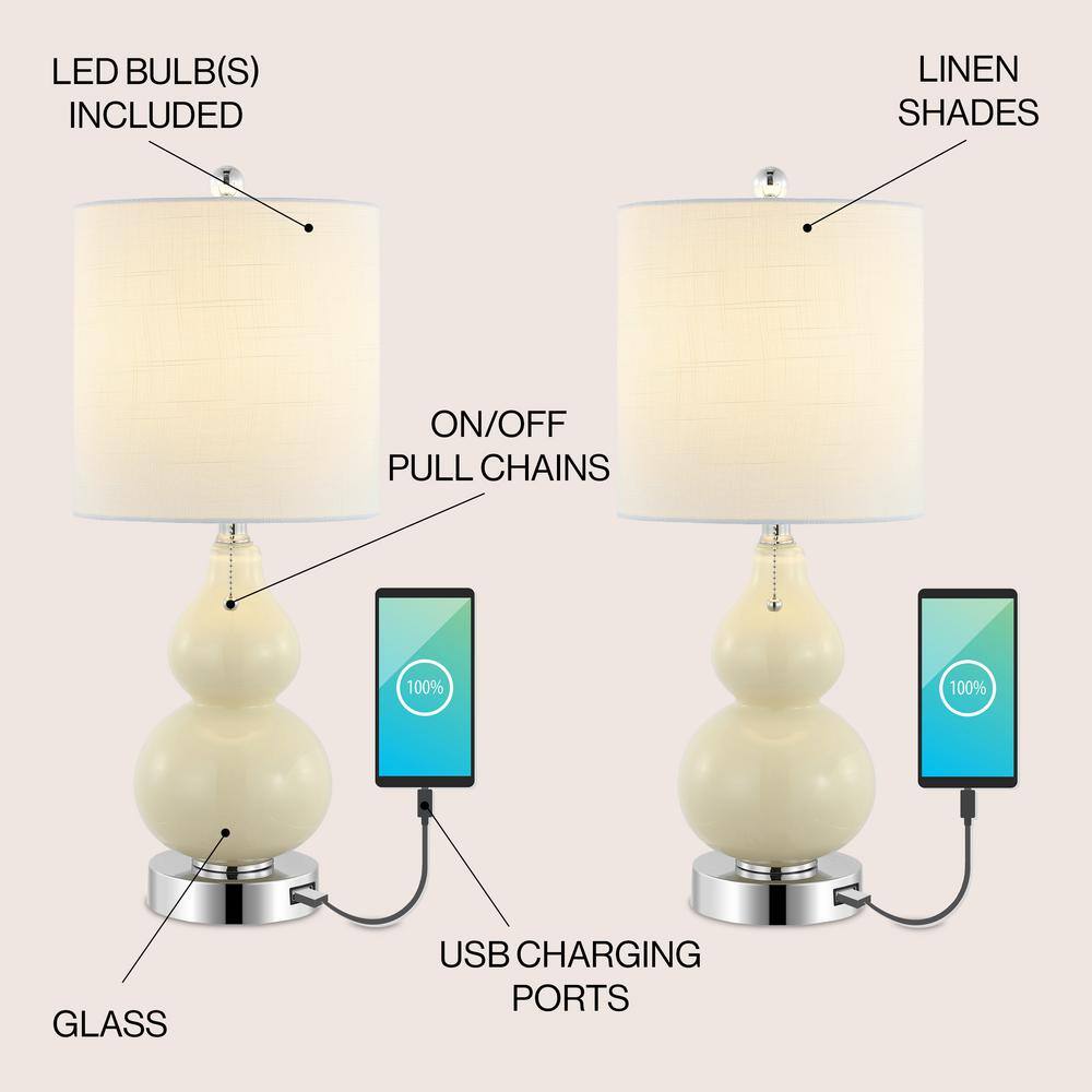 22" Cream Linen Drum Shade LED Table Lamp Set with USB Port