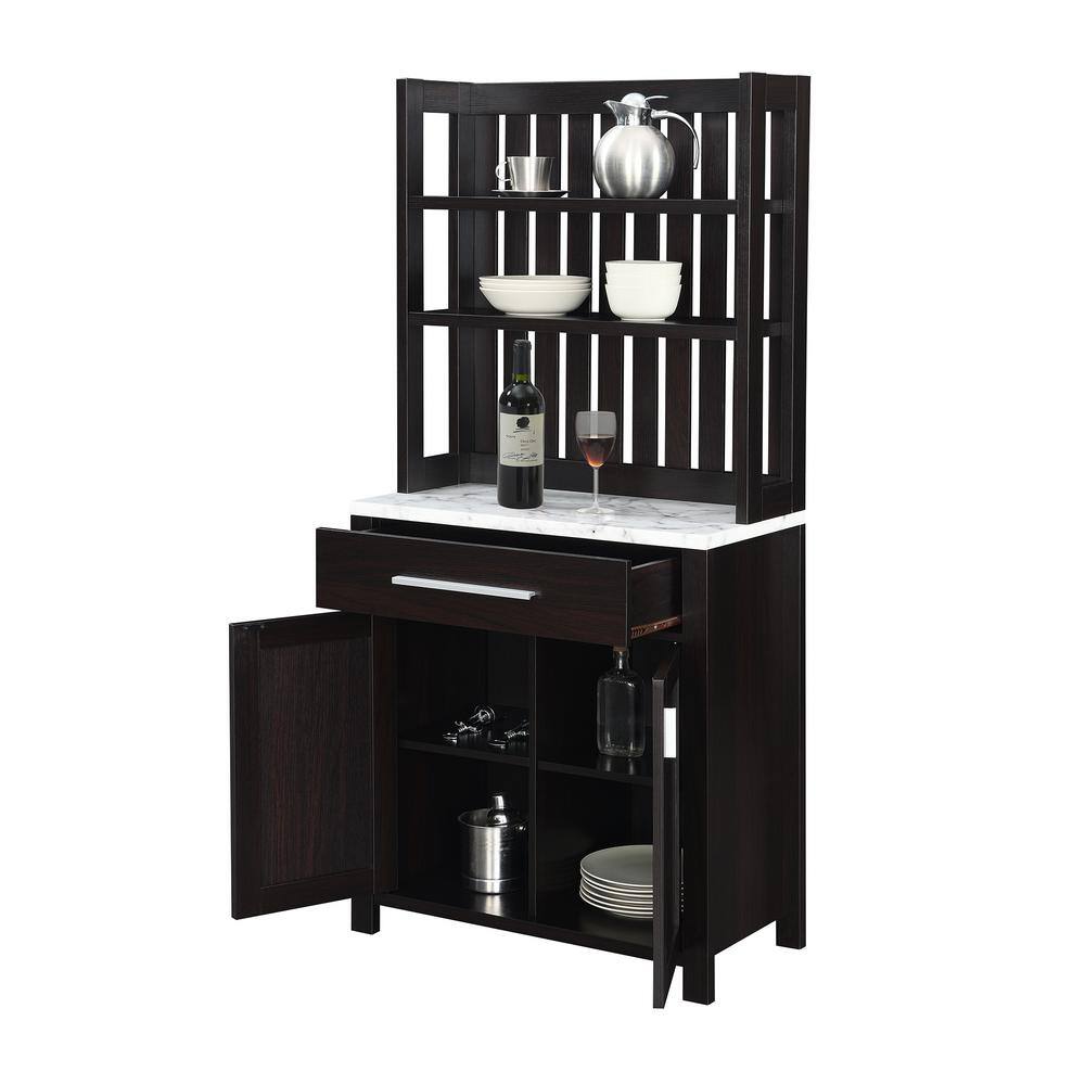 Espresso Wine Bar with White Faux Marble Top and Storage