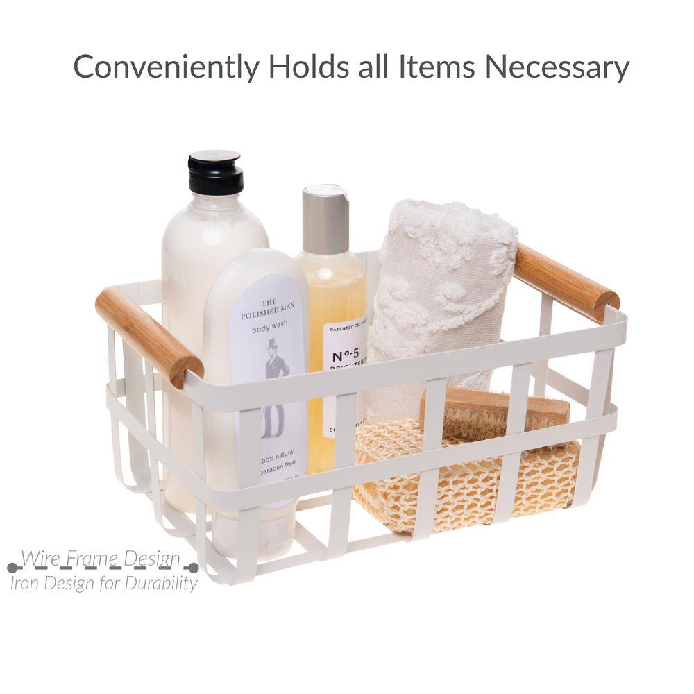 Large White Metal Storage Basket with Bamboo Handles