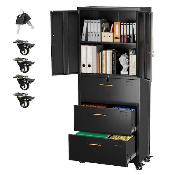 Hephastu 30 in. W x 71 in. H x 15 in. D Metal Rolling File Storage Freestanding Cabinet with Lockable Door and Drawers in Black