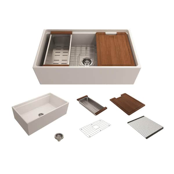 BOCCHI Step-Rim Matte White Fireclay 33 in. Single Bowl Farmhouse Apron Front Workstation Kitchen Sink with Accessories