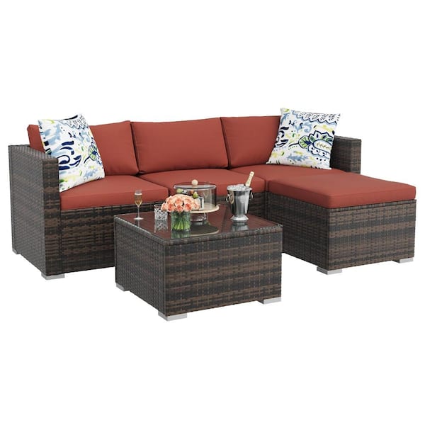 5-Piece Gray Wicker Outdoor Sectional Sofa Patio Conversation Set w/ Red Cushions,Red Pillow & Glass Coffee Table