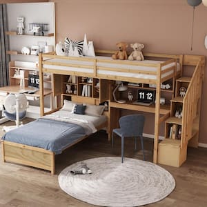 Natural Twin Over Twin Wooden Loft Bed with Built-in Desk and Staircase, Storage Compartments and Shelves