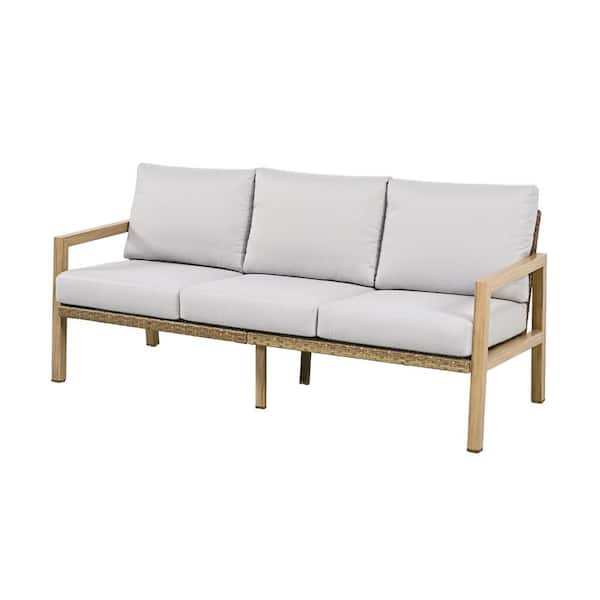EGEIROSLIFE PoshFrame 3-Seat Natural Wood -Grain Aluminum Outdoor Patio Sofa Couch with Light Gray Cushions