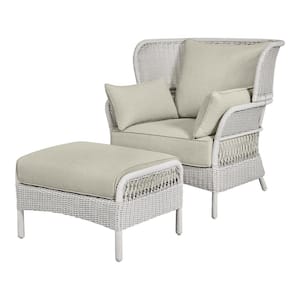 Pinecroft French Linen 2-Piece Wicker Outdoor Lounge Chair and Ottman with CushionGuard Biscuit Beige Cushions