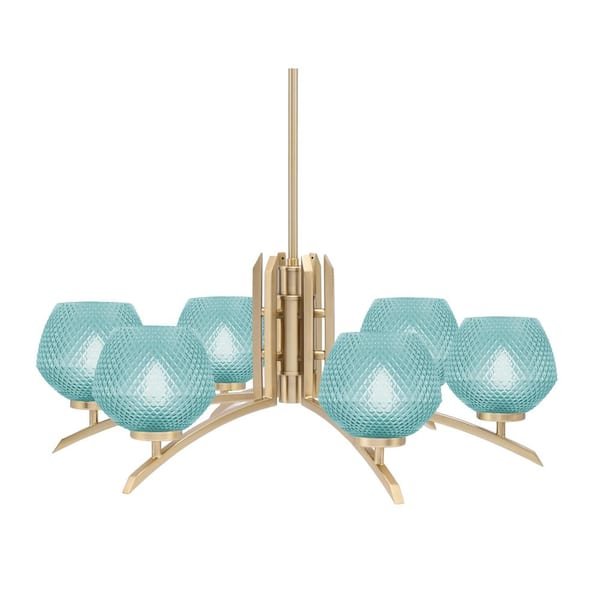 Unbranded Siena 27.5 in. 6-Light New Age Brass Chandelier with 6 in. Turquoise Textured Glass Shades, no bulbs included