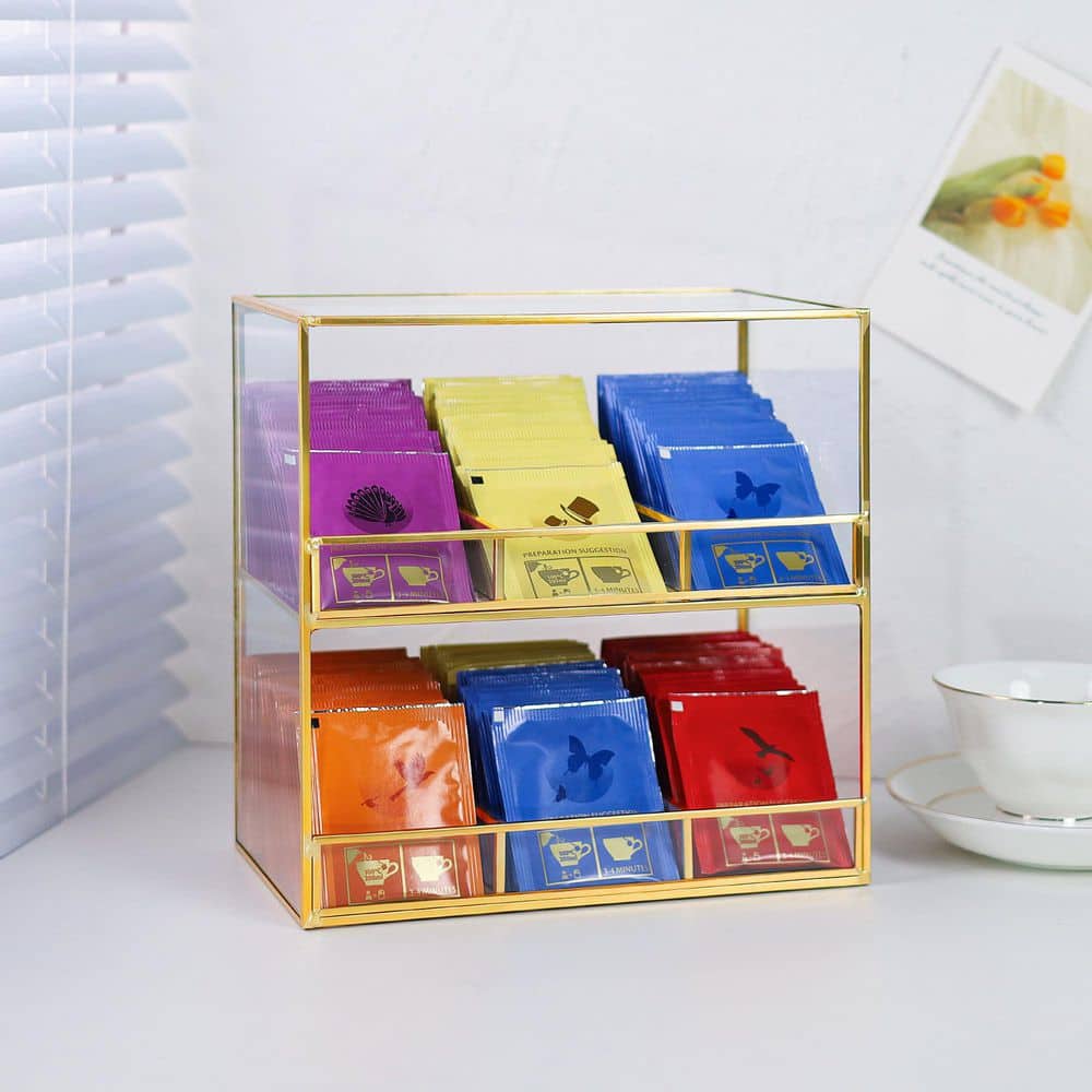 2-Tier Gold Glass Tea Bag Organizer for Counter, Caddy Box Containers, Rack Teabag Station Stand for Cabinet Kitchen