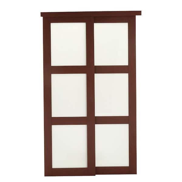 TRUporte 48 in. x 80 in. 2310 Series Cherry 3 Lite Tempered Frosted Glass Composite Interior Sliding Door