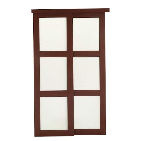 TRUporte 72 in. x 80 in. 2310 Series Cherry 3-Lite Tempered Frosted Glass Composite Interior Sliding Door