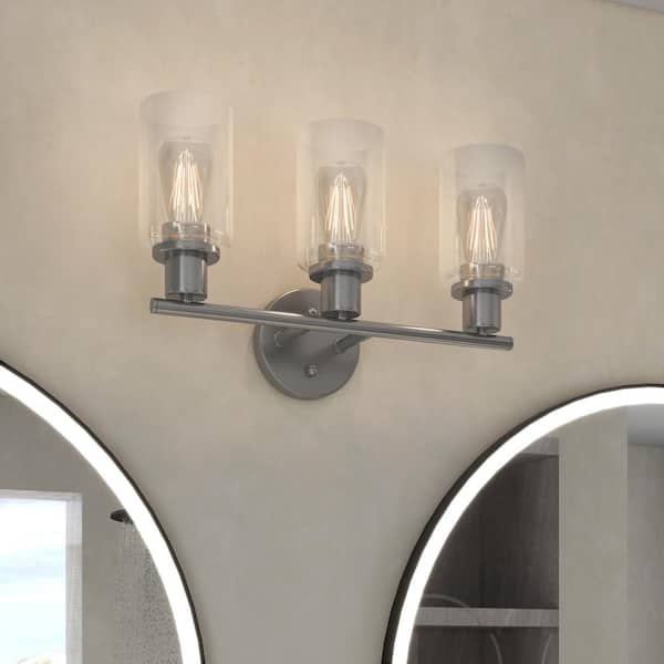 17 in. 3-Light Brush Nickel Vanity Light With Clear Glass Shades