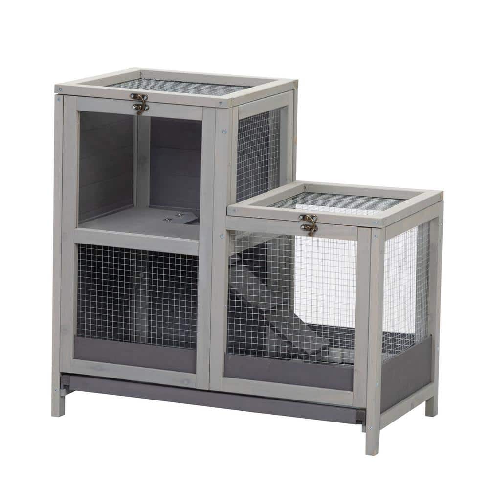2-Tier Wood Hamster Cage Pet Habitat with Run Pull-Out Tray Ramp Hutch for 