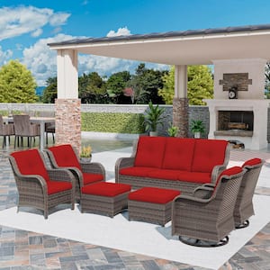 Brown 7-Piece Wicker Outdoor Patio Conversation Set Sectional Sofa with Red Cushions