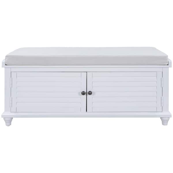 Qualler Louver Design White Storage Bench with Removable Cushion