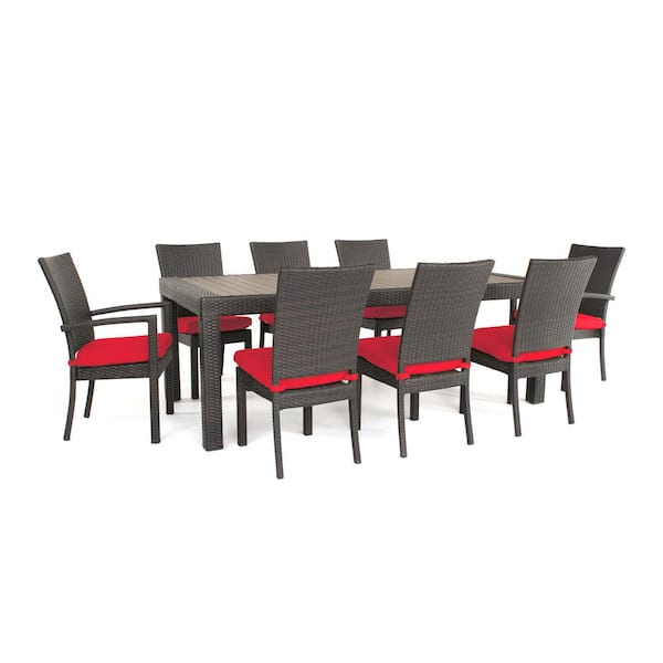RST BRANDS Deco 9-Piece Wicker Outdoor Dining Set with Sunbrella Sunset Red Cushions