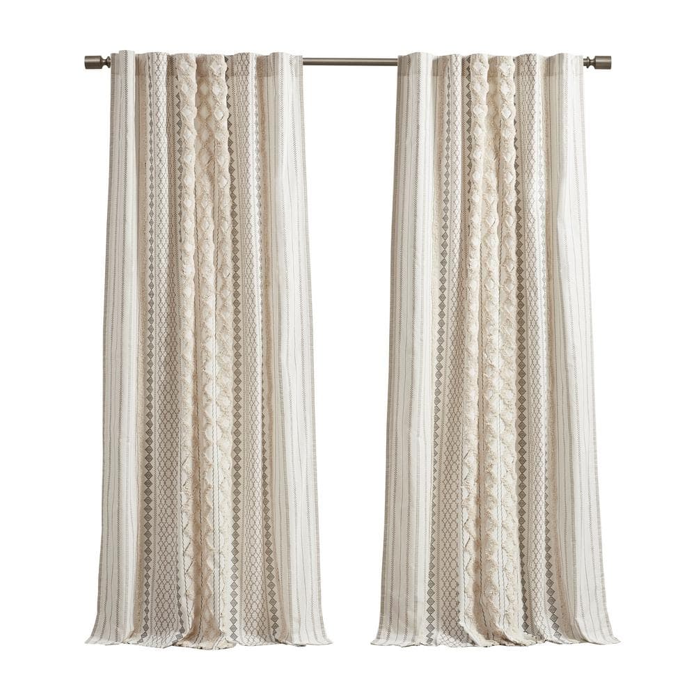 Ivory Cotton Chenille Stripe Room Darkening Curtain Panel