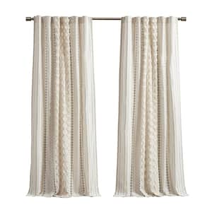 Imani Ivory 50 in. W x 84 in. L Cotton Printed Window Curtain with Chenille Stripe and Lining