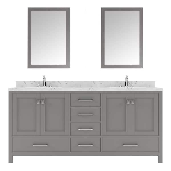 Virtu USA Caroline Avenue 72 in. W x 22 in. D x 35 in. H Double Sink Bath Vanity in Gray with Quartz Top and Mirror