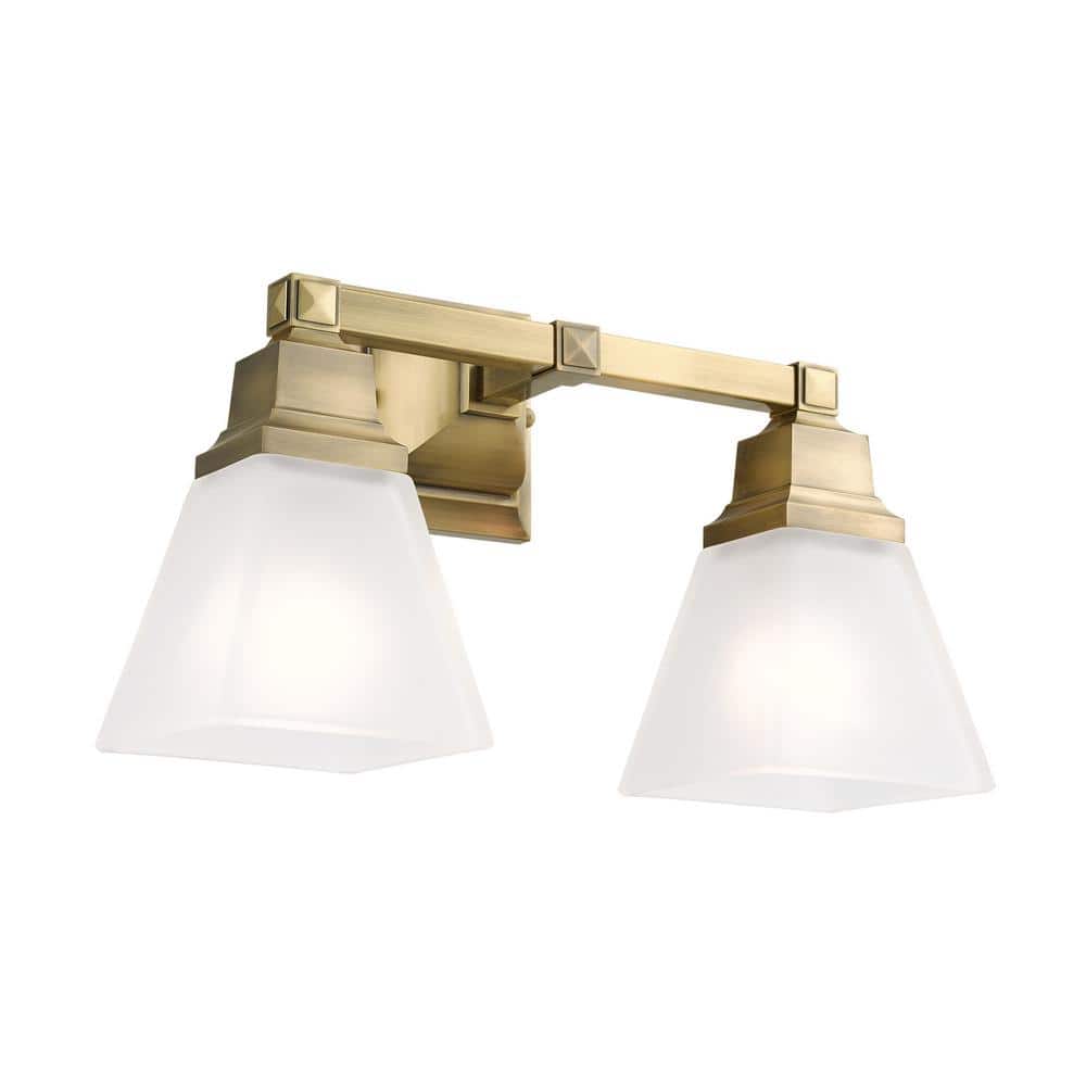 Antique Brass 2-Light Vanity Fixture with Satin Glass Shades