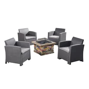 Folsom Charcoal 5-Piece Faux Rattan Patio Fire Pit Conversation Set with Light Grey Cushions