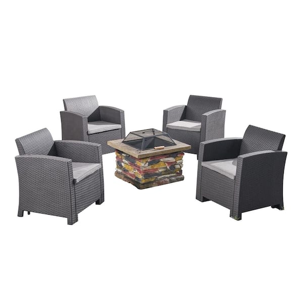 Noble House Folsom Charcoal 5-Piece Faux Rattan Patio Fire Pit Conversation Set with Light Grey Cushions
