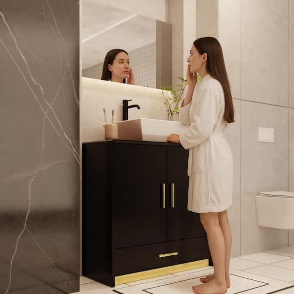 30 in. W x 18.9 in. D x 31.5 in. H Bath Vanity in Black with Marble Top, Bathroom Cabinet with 2 Doors & Drawer