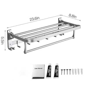 24 in. Wall-Mounted Aluminum Towel Rack with Towel Bar Holder Foldable Towel Shelf and Movable Hooks in Silver